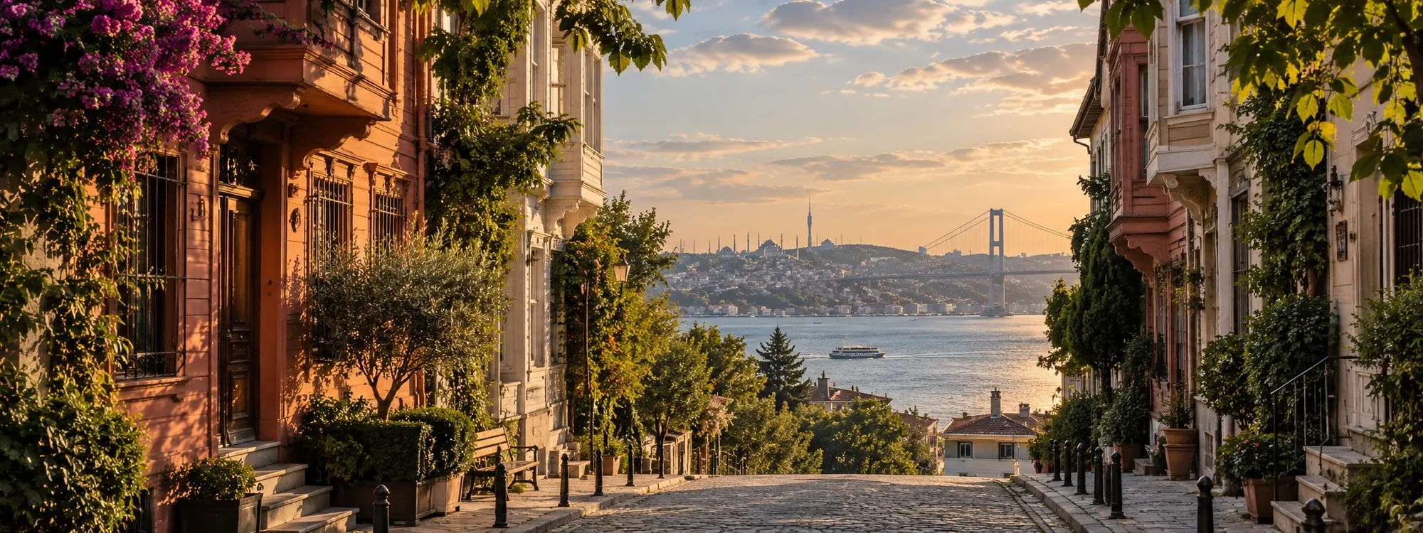 Cobblestone street in Istanbul leading down to the Bosphorus and its bridge at sunset