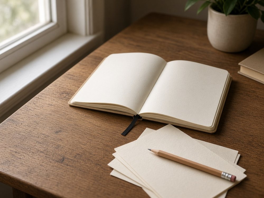 An open notebook and pencil by a window