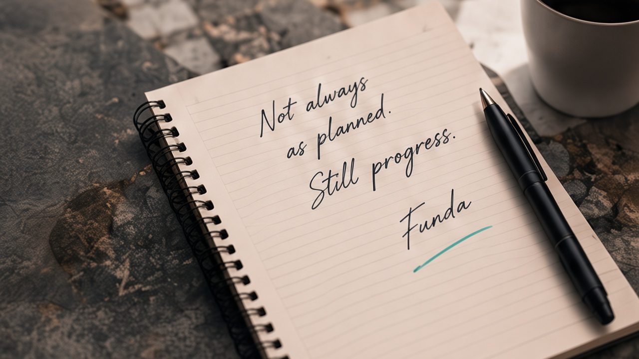 Handwritten note: Not always as planned. Still progress. Funda