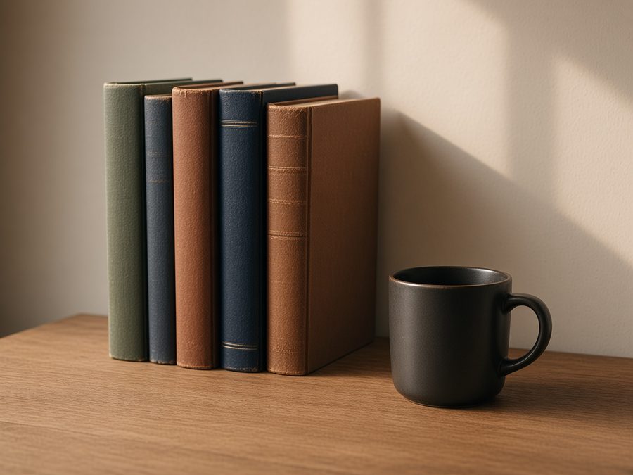 Books and a mug on a desk
