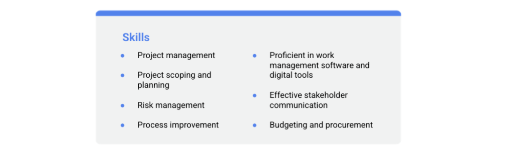 Skills section of a project manager resume