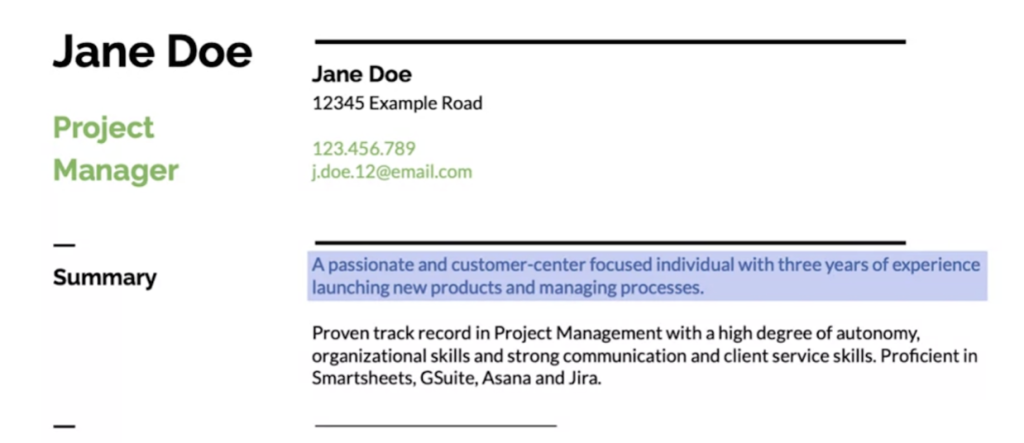 Contact and summary section of a project manager resume